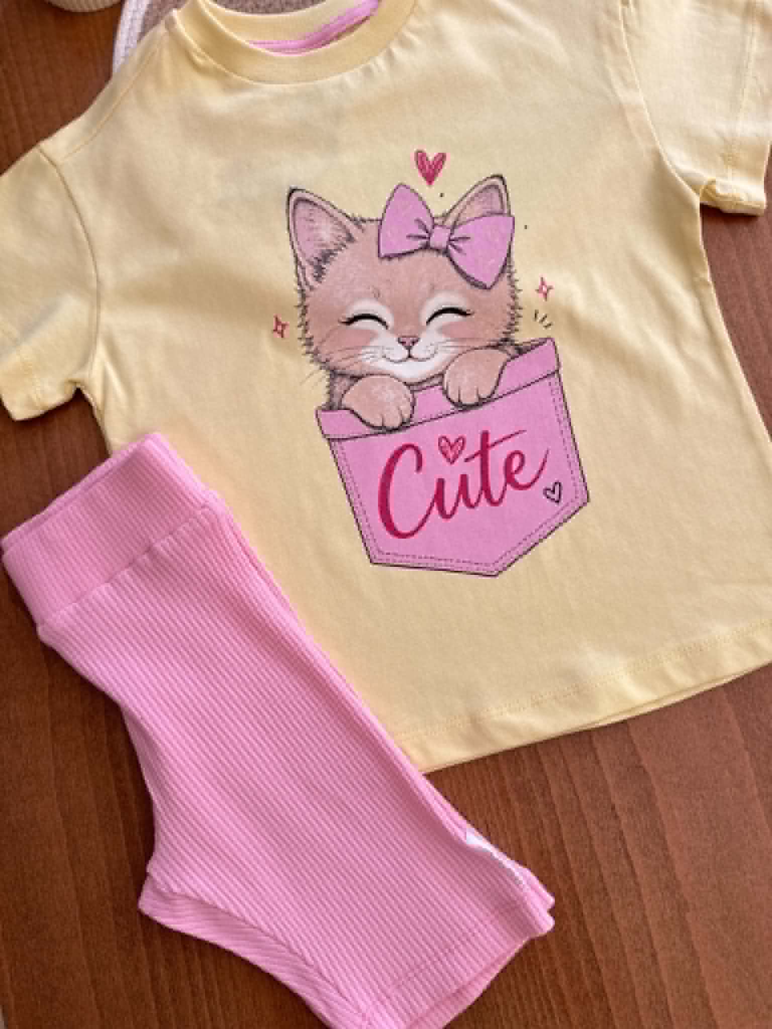 Ensemble Fille 100% Coton – Chaton Jaune