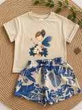 Set Fille – T-shirt Coton & Short Lin bleu